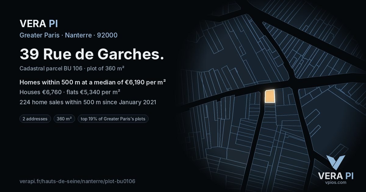 39 Rue de Garches, Nanterre at night – the plot lit, the parcels around coloured by the prices near them