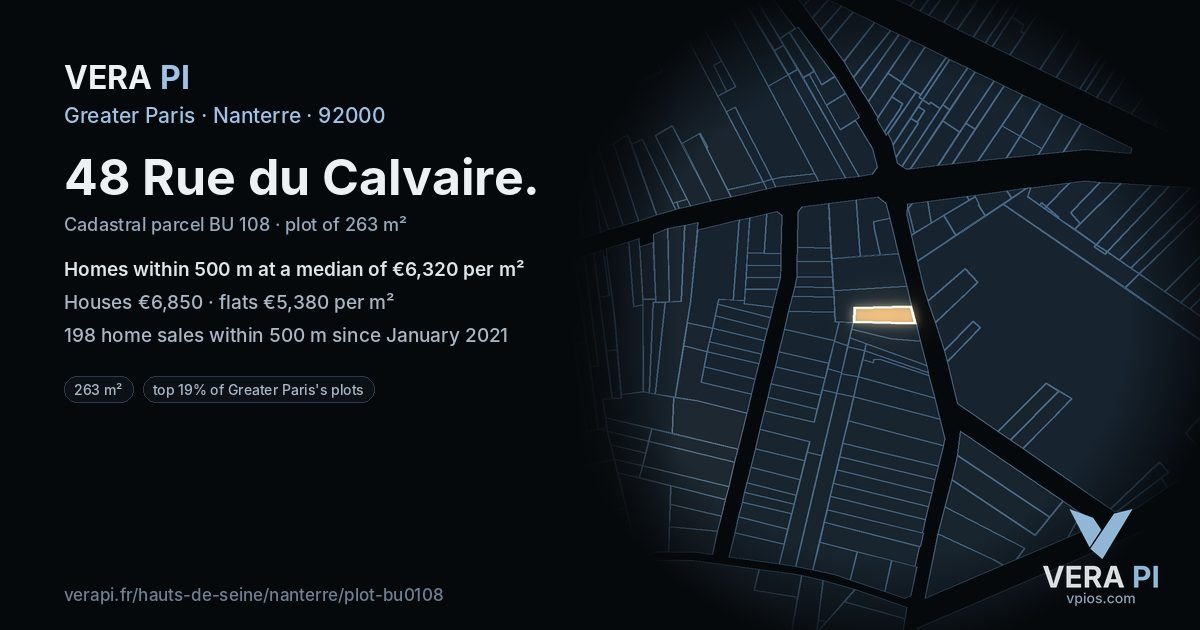 48 Rue du Calvaire, Nanterre at night – the plot lit, the parcels around coloured by the prices near them