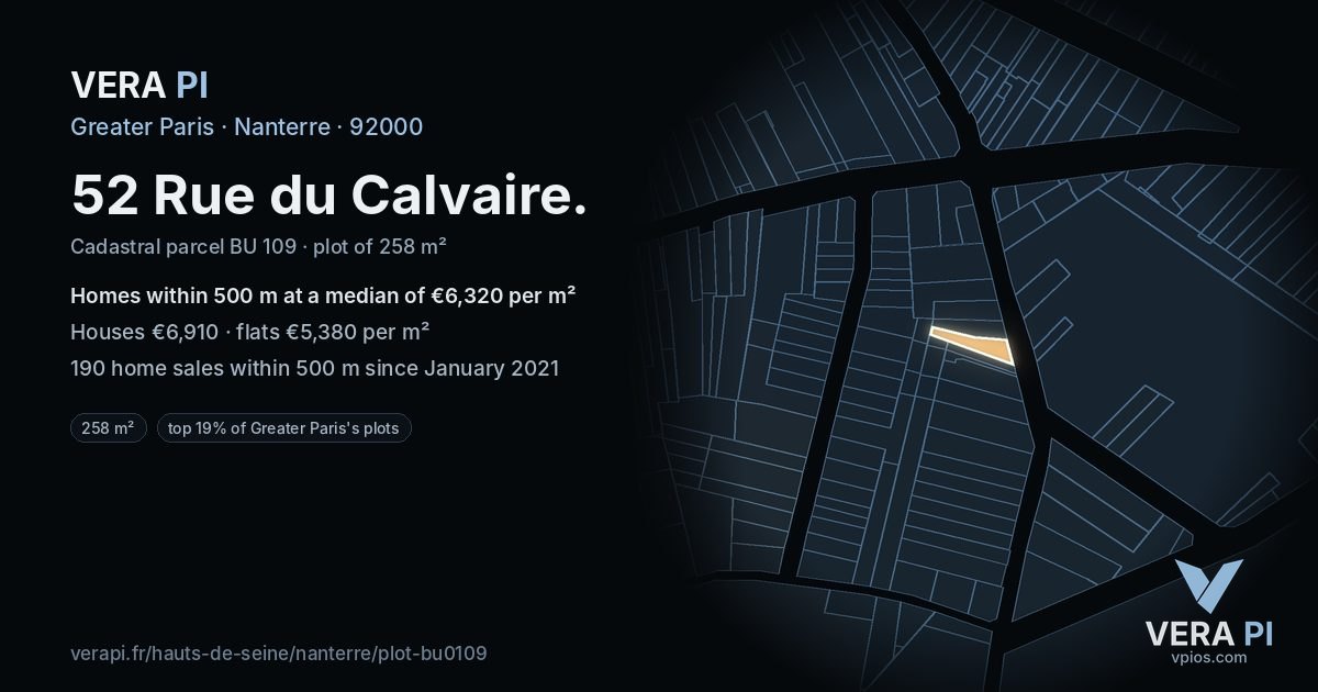 52 Rue du Calvaire, Nanterre at night – the plot lit, the parcels around coloured by the prices near them