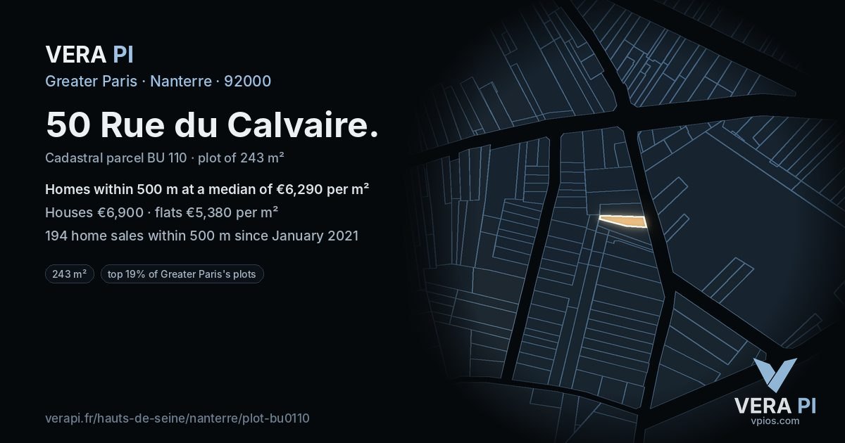 50 Rue du Calvaire, Nanterre at night – the plot lit, the parcels around coloured by the prices near them