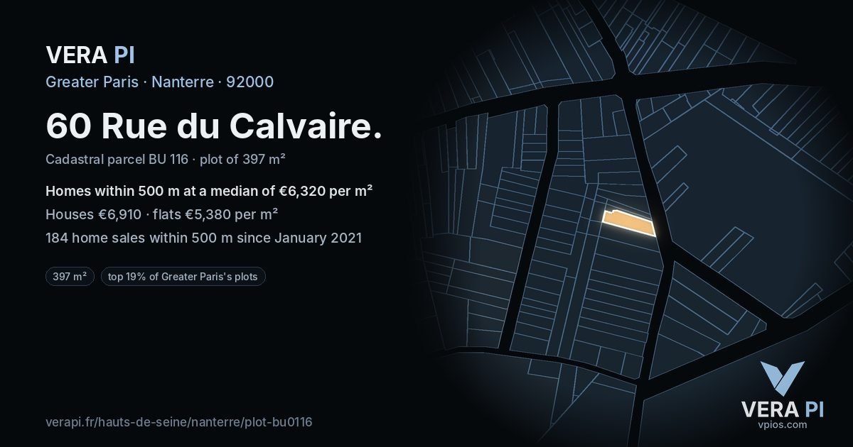 60 Rue du Calvaire, Nanterre at night – the plot lit, the parcels around coloured by the prices near them