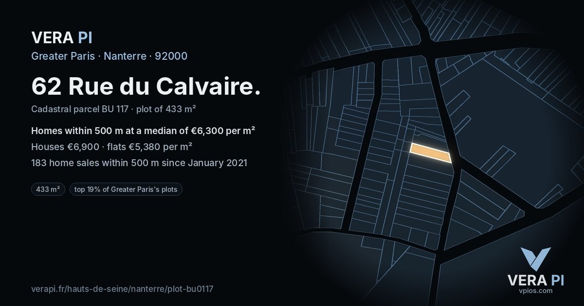 62 Rue du Calvaire, Nanterre at night – the plot lit, the parcels around coloured by the prices near them