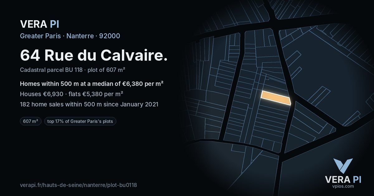 64 Rue du Calvaire, Nanterre at night – the plot lit, the parcels around coloured by the prices near them