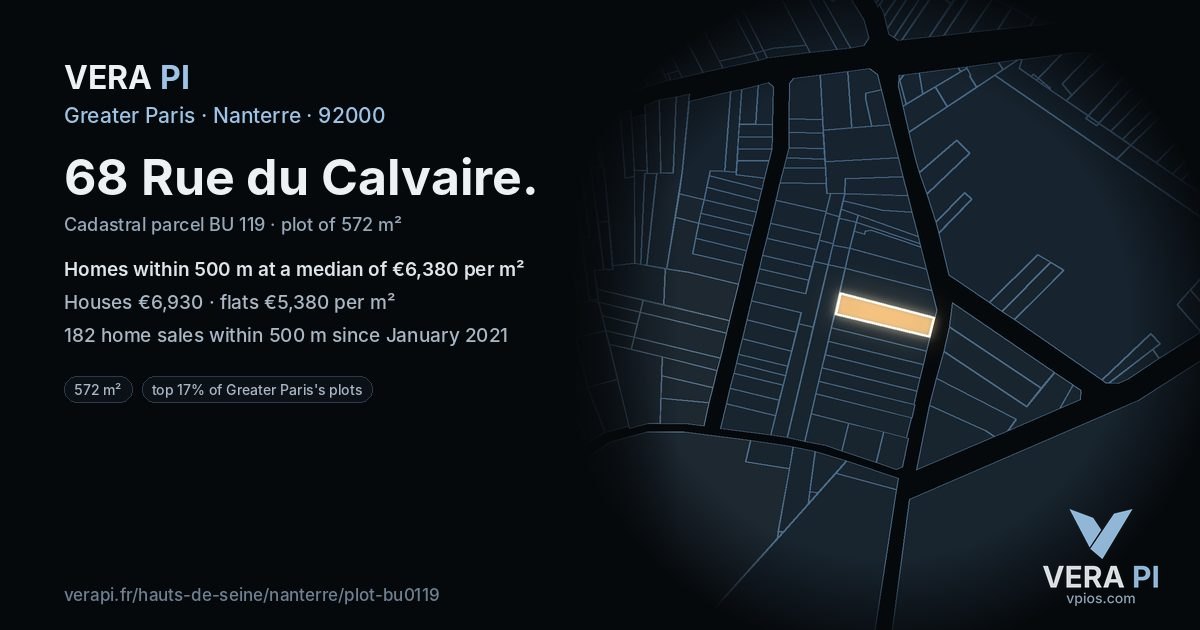 68 Rue du Calvaire, Nanterre at night – the plot lit, the parcels around coloured by the prices near them