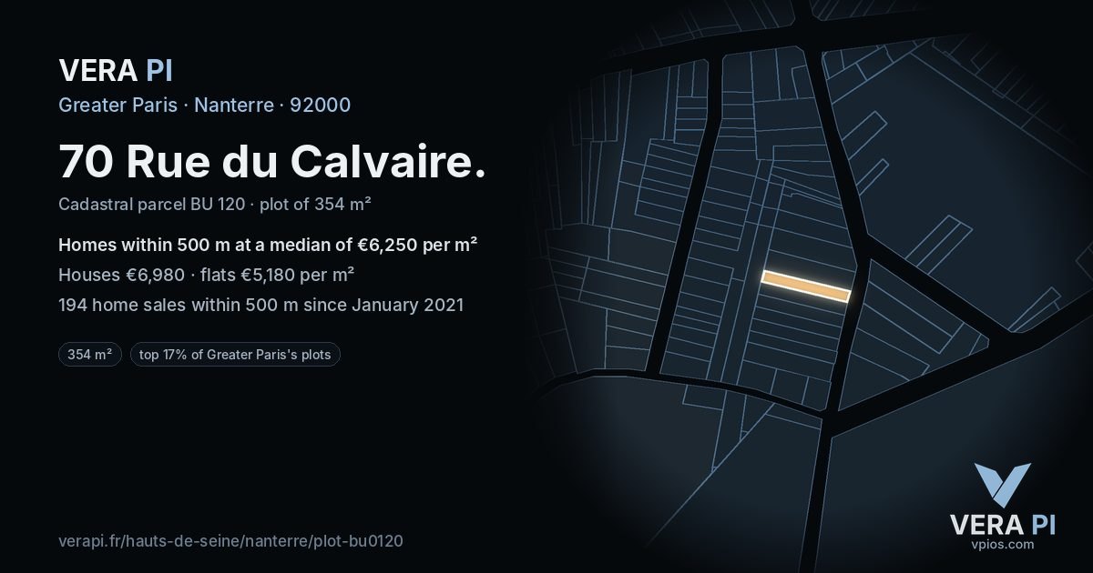 70 Rue du Calvaire, Nanterre at night – the plot lit, the parcels around coloured by the prices near them