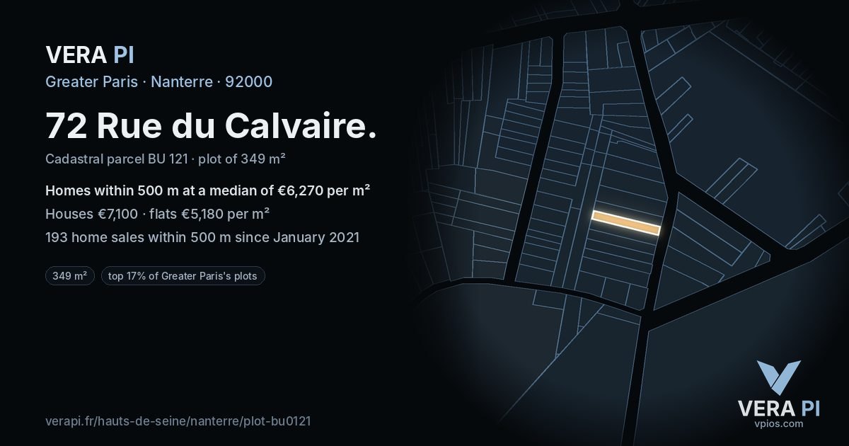 72 Rue du Calvaire, Nanterre at night – the plot lit, the parcels around coloured by the prices near them