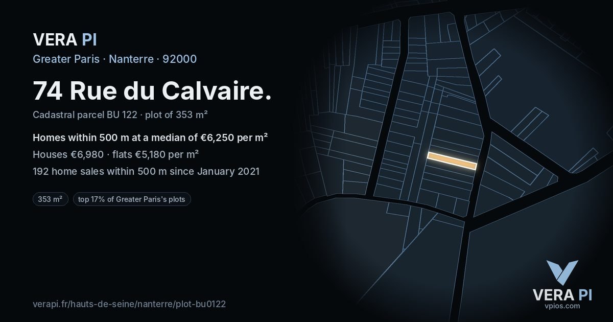 74 Rue du Calvaire, Nanterre at night – the plot lit, the parcels around coloured by the prices near them