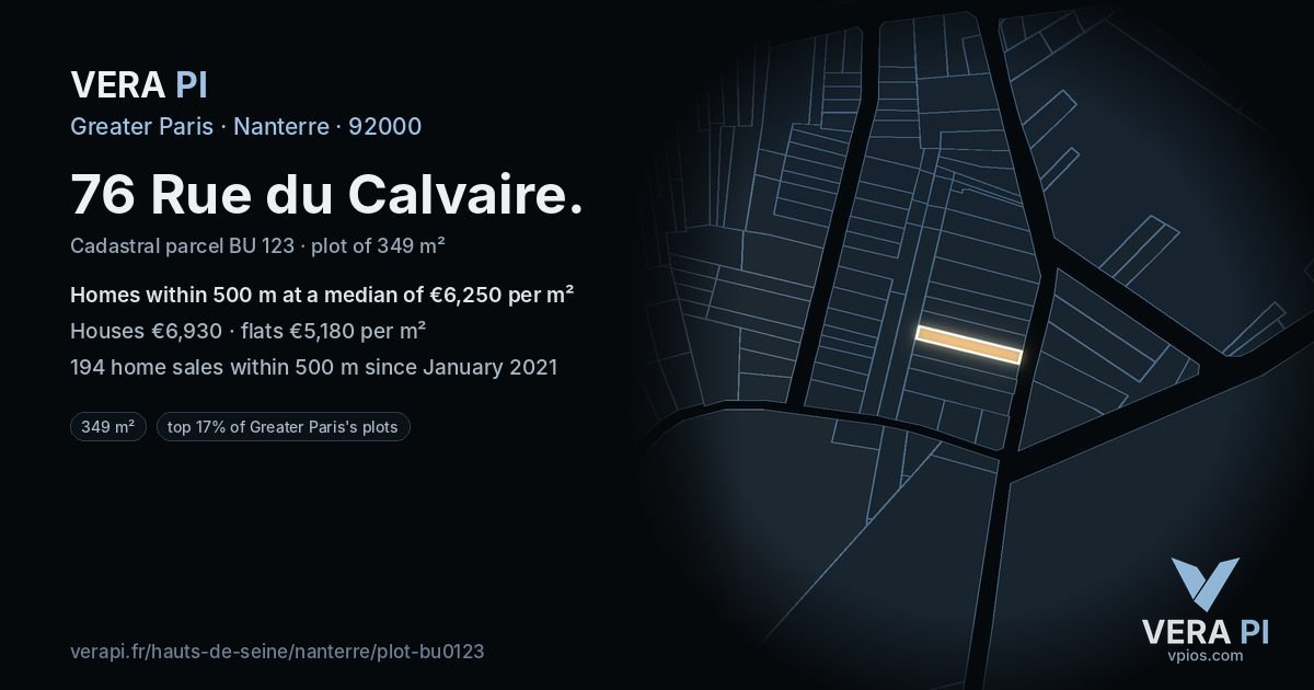 76 Rue du Calvaire, Nanterre at night – the plot lit, the parcels around coloured by the prices near them