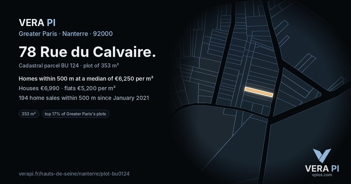 78 Rue du Calvaire, Nanterre at night – the plot lit, the parcels around coloured by the prices near them
