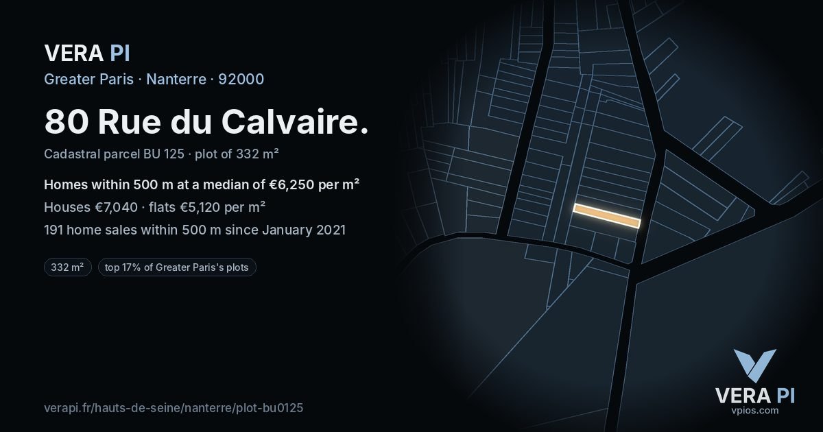 80 Rue du Calvaire, Nanterre at night – the plot lit, the parcels around coloured by the prices near them