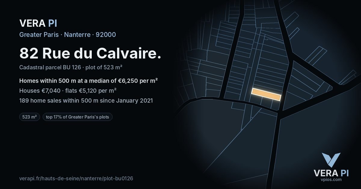 82 Rue du Calvaire, Nanterre at night – the plot lit, the parcels around coloured by the prices near them