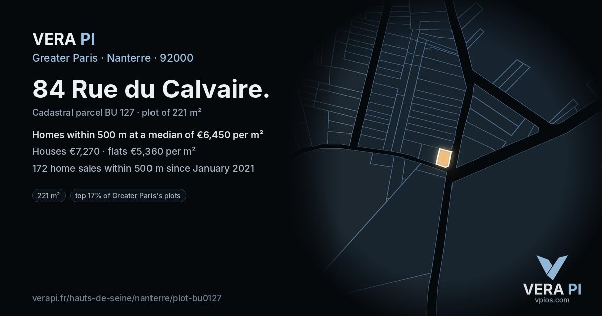 84 Rue du Calvaire, Nanterre at night – the plot lit, the parcels around coloured by the prices near them