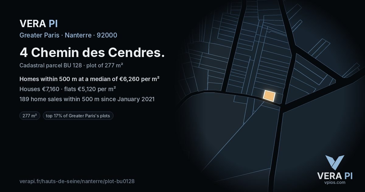 4 Chemin des Cendres, Nanterre at night – the plot lit, the parcels around coloured by the prices near them