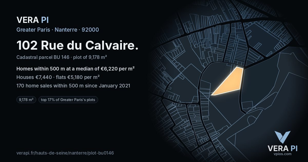 102 Rue du Calvaire, Nanterre at night – the plot lit, the parcels around coloured by the prices near them