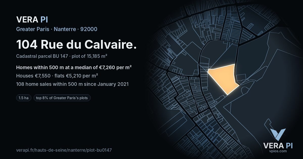 104 Rue du Calvaire, Nanterre at night – the plot lit, the parcels around coloured by the prices near them