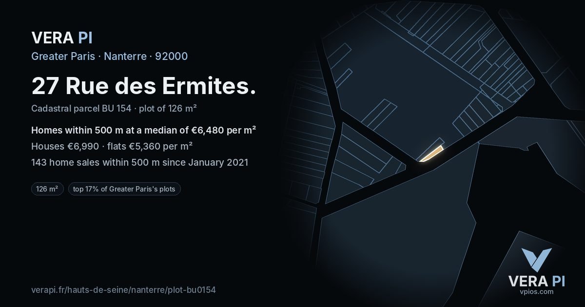27 Rue des Ermites, Nanterre at night – the plot lit, the parcels around coloured by the prices near them