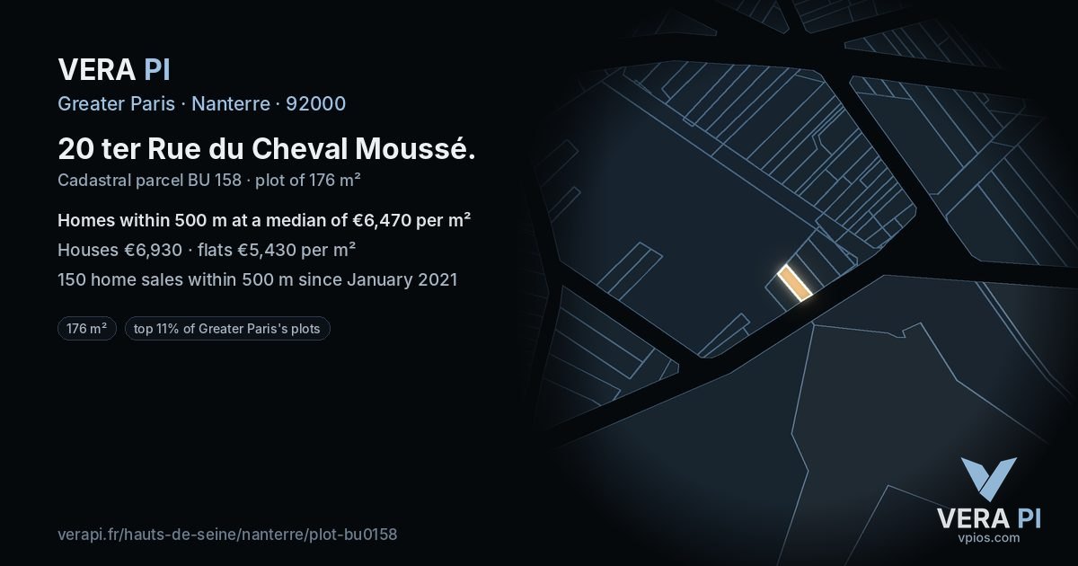 20 ter Rue du Cheval Moussé, Nanterre at night – the plot lit, the parcels around coloured by the prices near them
