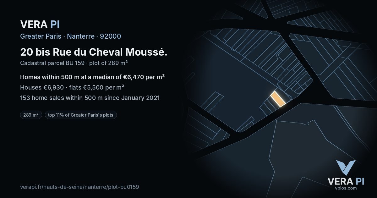 20 bis Rue du Cheval Moussé, Nanterre at night – the plot lit, the parcels around coloured by the prices near them