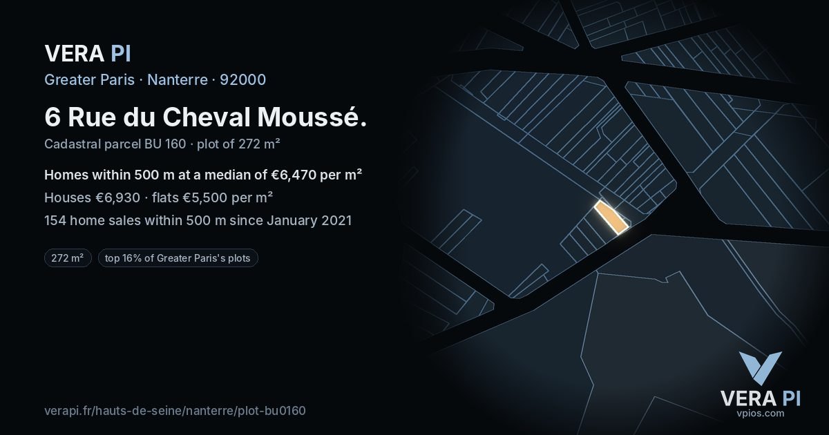 6 Rue du Cheval Moussé, Nanterre at night – the plot lit, the parcels around coloured by the prices near them