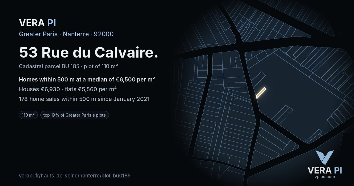 53 Rue du Calvaire, Nanterre at night – the plot lit, the parcels around coloured by the prices near them