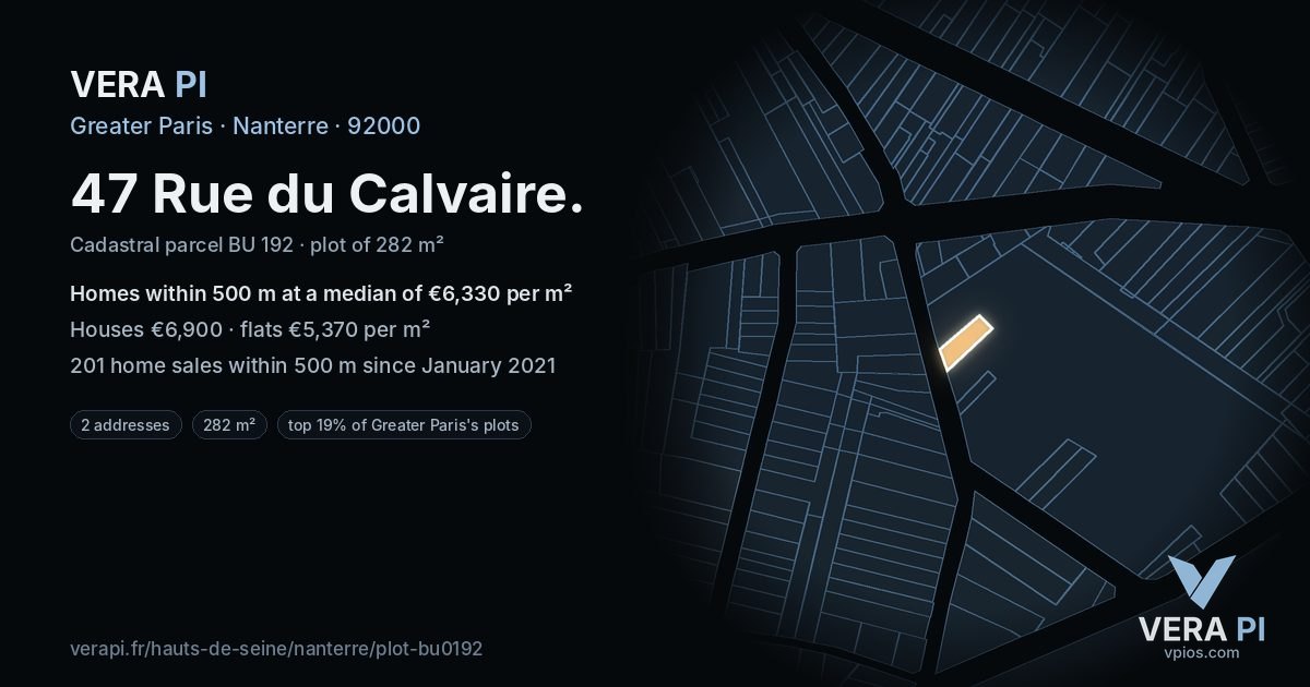 47 Rue du Calvaire, Nanterre at night – the plot lit, the parcels around coloured by the prices near them