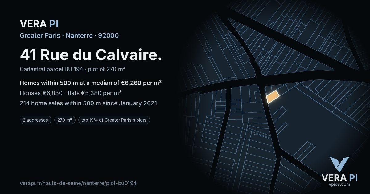 41 Rue du Calvaire, Nanterre at night – the plot lit, the parcels around coloured by the prices near them