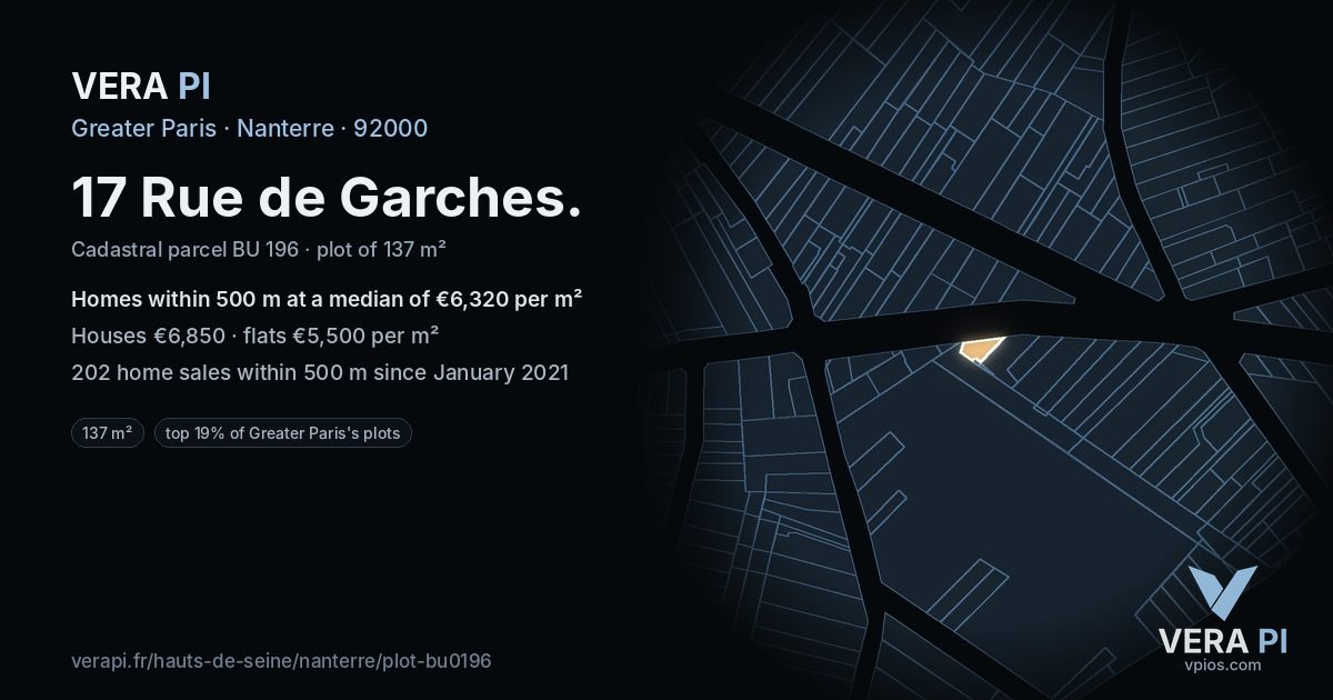 17 Rue de Garches, Nanterre at night – the plot lit, the parcels around coloured by the prices near them