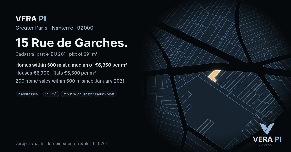 15 Rue de Garches, Nanterre at night – the plot lit, the parcels around coloured by the prices near them
