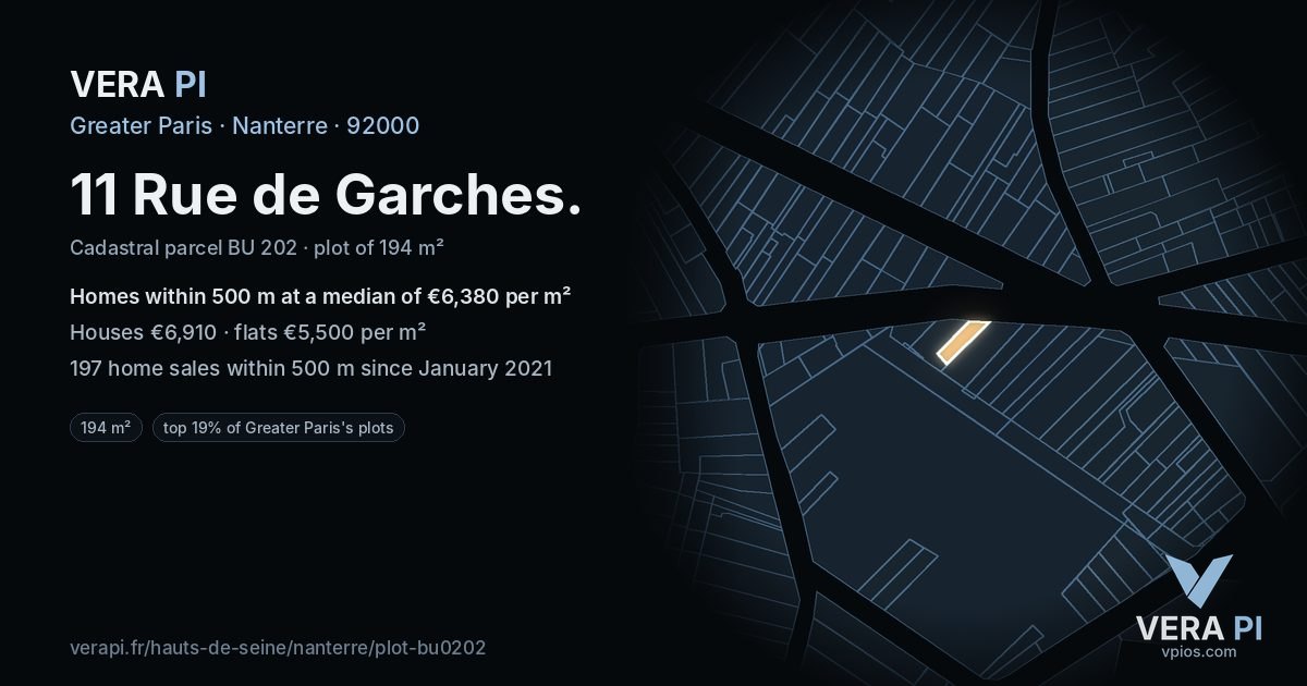 11 Rue de Garches, Nanterre at night – the plot lit, the parcels around coloured by the prices near them