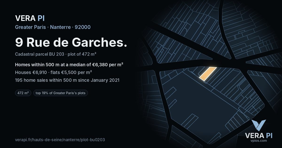 9 Rue de Garches, Nanterre at night – the plot lit, the parcels around coloured by the prices near them