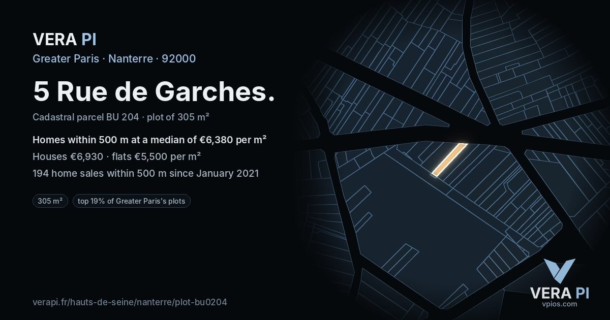 5 Rue de Garches, Nanterre at night – the plot lit, the parcels around coloured by the prices near them