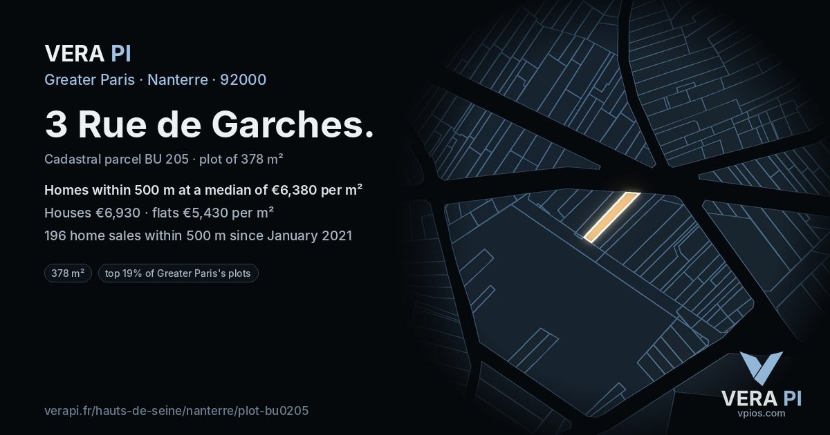 3 Rue de Garches, Nanterre at night – the plot lit, the parcels around coloured by the prices near them