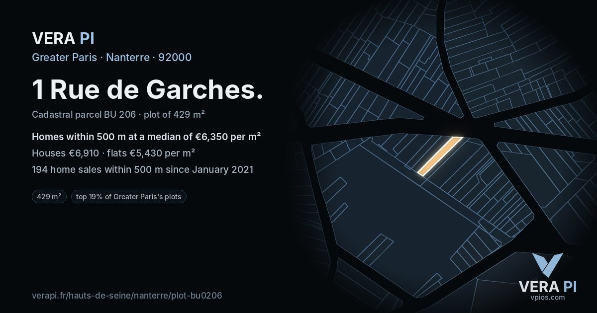 1 Rue de Garches, Nanterre at night – the plot lit, the parcels around coloured by the prices near them