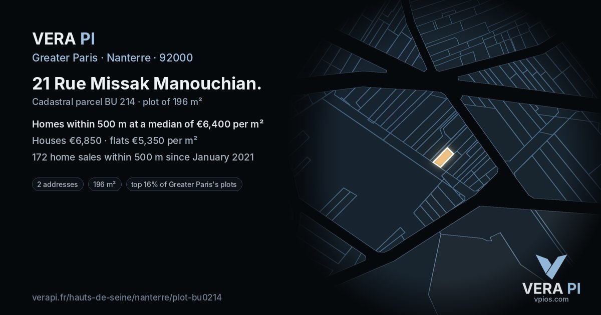 21 Rue Missak Manouchian, Nanterre at night – the plot lit, the parcels around coloured by the prices near them