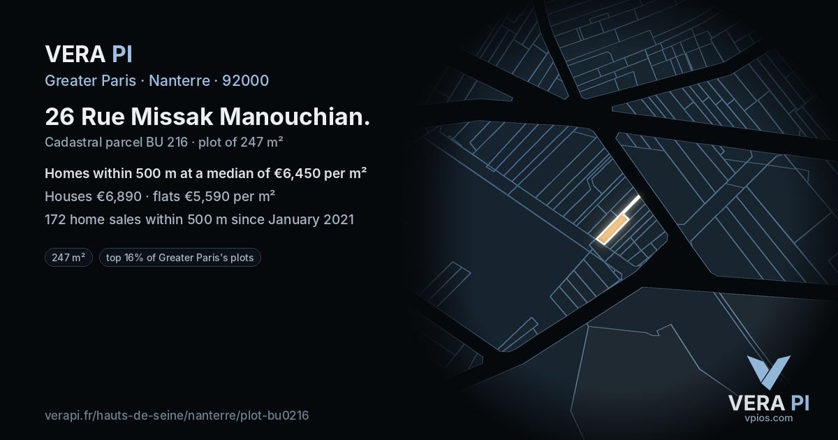 26 Rue Missak Manouchian, Nanterre at night – the plot lit, the parcels around coloured by the prices near them