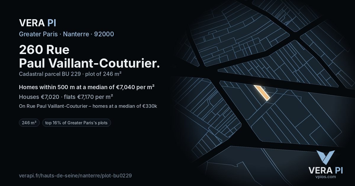 260 Rue Paul Vaillant-Couturier, Nanterre at night – the plot lit, the parcels around coloured by the prices near them