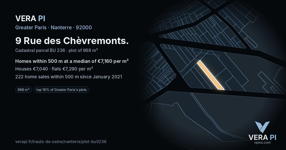 9 Rue des Chèvremonts, Nanterre at night – the plot lit, the parcels around coloured by the prices near them
