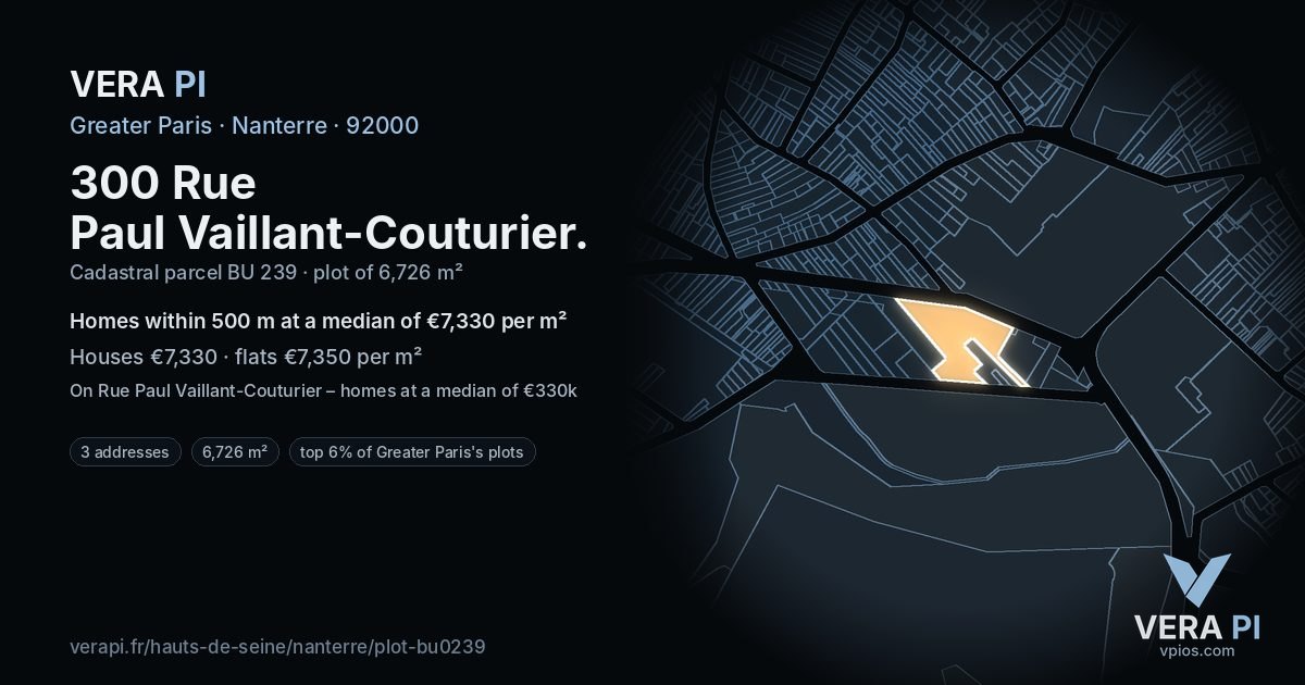 300 Rue Paul Vaillant-Couturier, Nanterre at night – the plot lit, the parcels around coloured by the prices near them