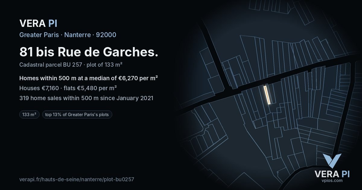 81 bis Rue de Garches, Nanterre at night – the plot lit, the parcels around coloured by the prices near them