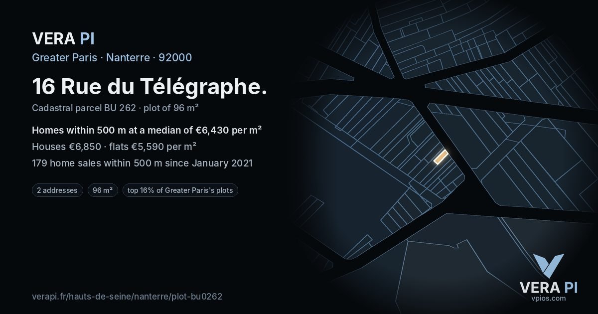 16 Rue du Télégraphe, Nanterre at night – the plot lit, the parcels around coloured by the prices near them