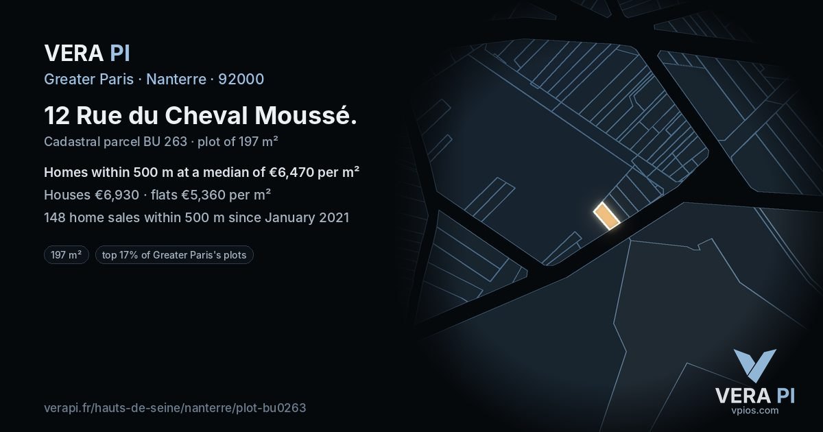 12 Rue du Cheval Moussé, Nanterre at night – the plot lit, the parcels around coloured by the prices near them