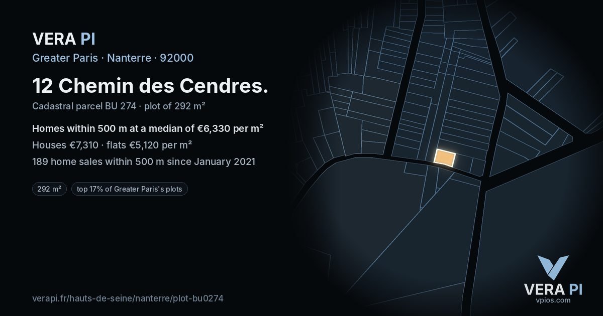 12 Chemin des Cendres, Nanterre at night – the plot lit, the parcels around coloured by the prices near them