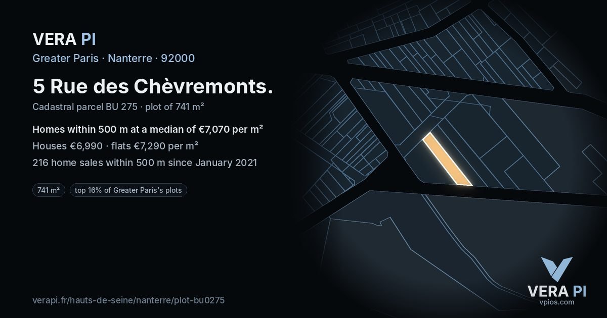 5 Rue des Chèvremonts, Nanterre at night – the plot lit, the parcels around coloured by the prices near them