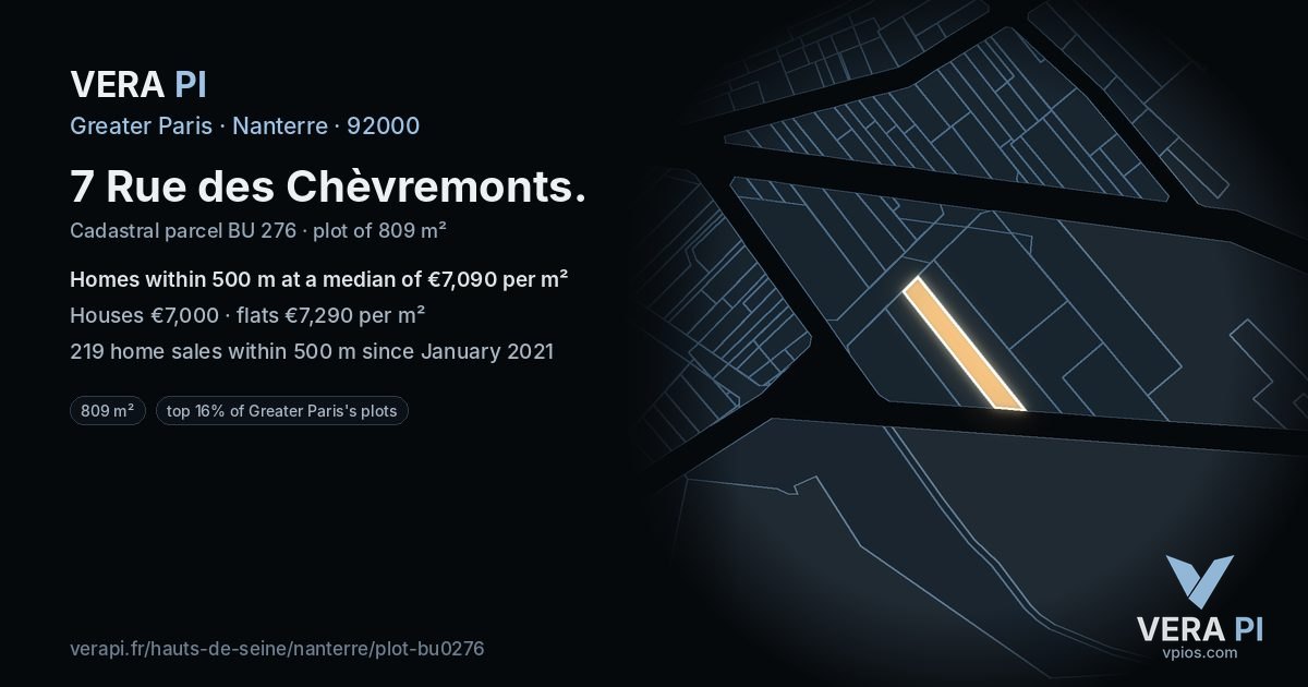 7 Rue des Chèvremonts, Nanterre at night – the plot lit, the parcels around coloured by the prices near them
