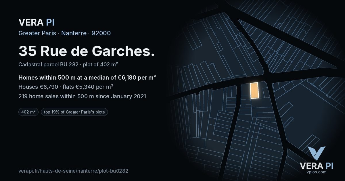 35 Rue de Garches, Nanterre at night – the plot lit, the parcels around coloured by the prices near them