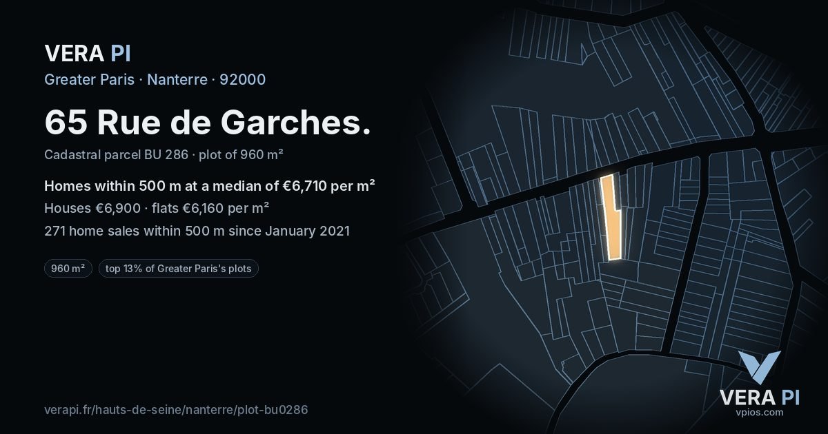 65 Rue de Garches, Nanterre at night – the plot lit, the parcels around coloured by the prices near them