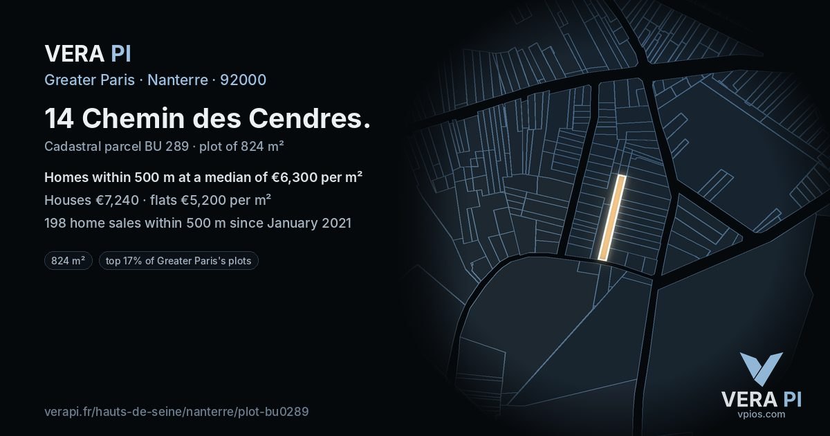 14 Chemin des Cendres, Nanterre at night – the plot lit, the parcels around coloured by the prices near them
