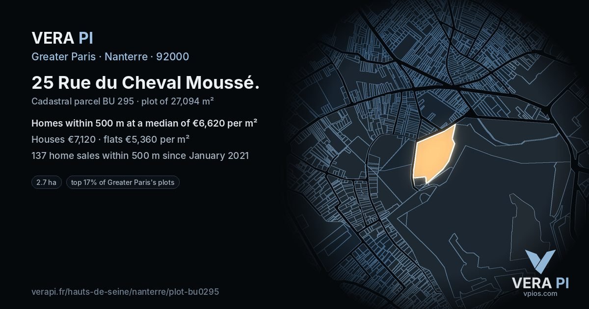 25 Rue du Cheval Moussé, Nanterre at night – the plot lit, the parcels around coloured by the prices near them
