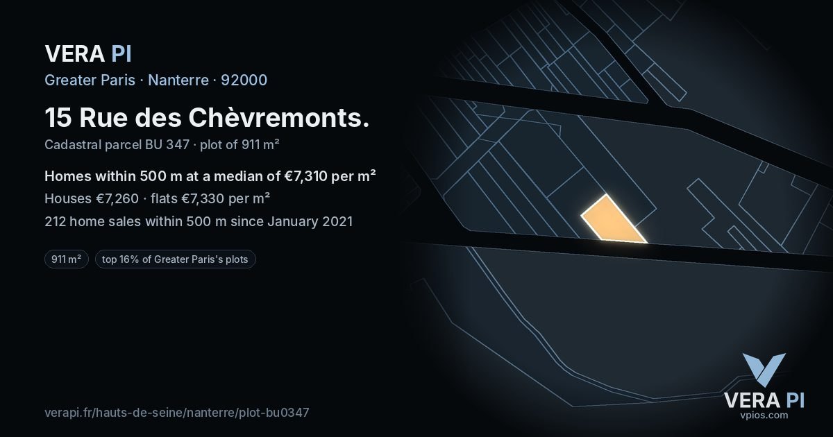 15 Rue des Chèvremonts, Nanterre at night – the plot lit, the parcels around coloured by the prices near them