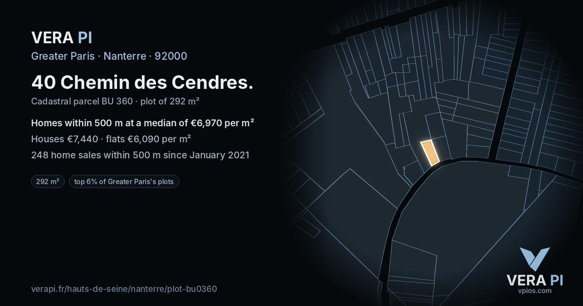40 Chemin des Cendres, Nanterre at night – the plot lit, the parcels around coloured by the prices near them